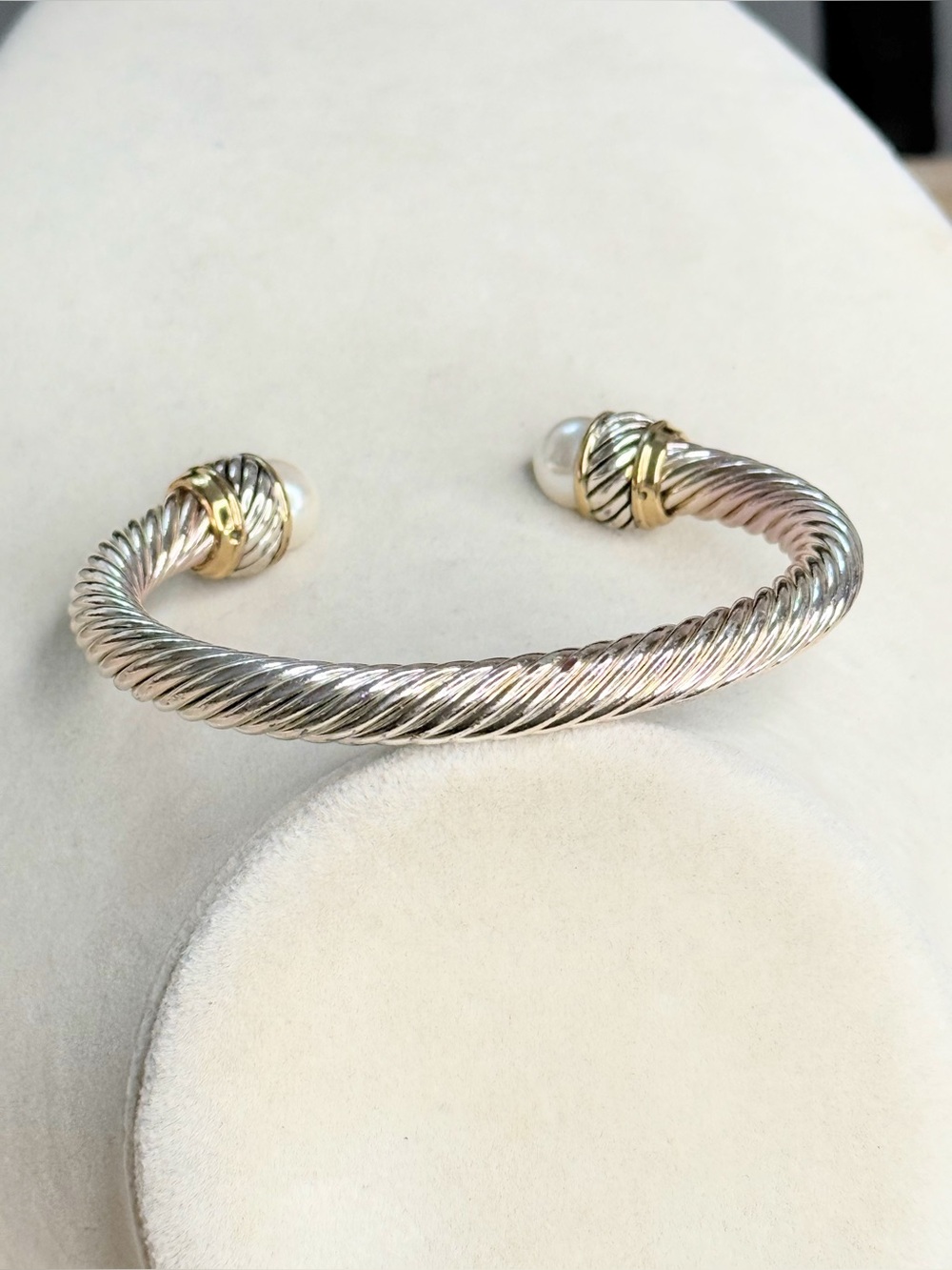 Silver Gold Tone Cable Cuff Bracelet Faux Pearl Adjustable 3” Designer Style